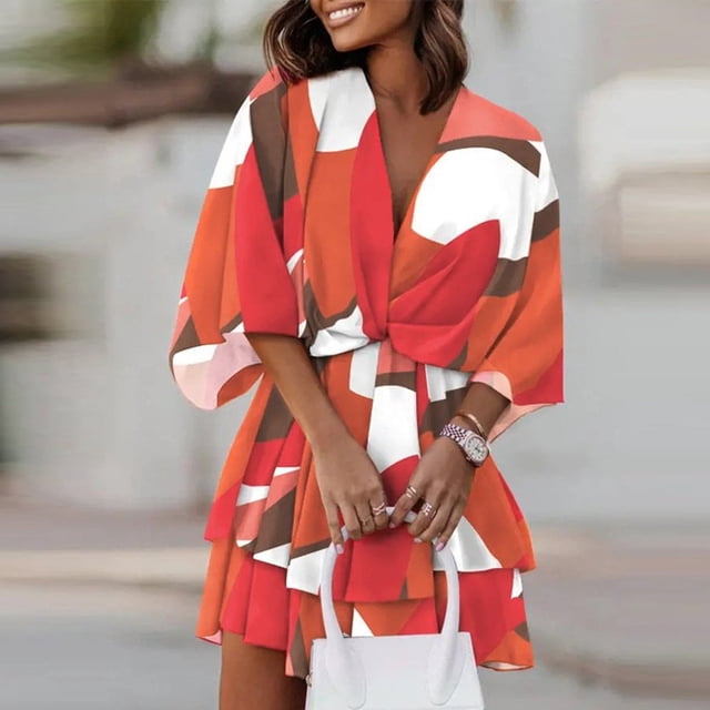 Robe Courte à Imprimé Floral pour Femmes, Plissée, Col en V, Cordon de Serrage, Taille Élastique, à Volants, Superposée, Robe Courte
