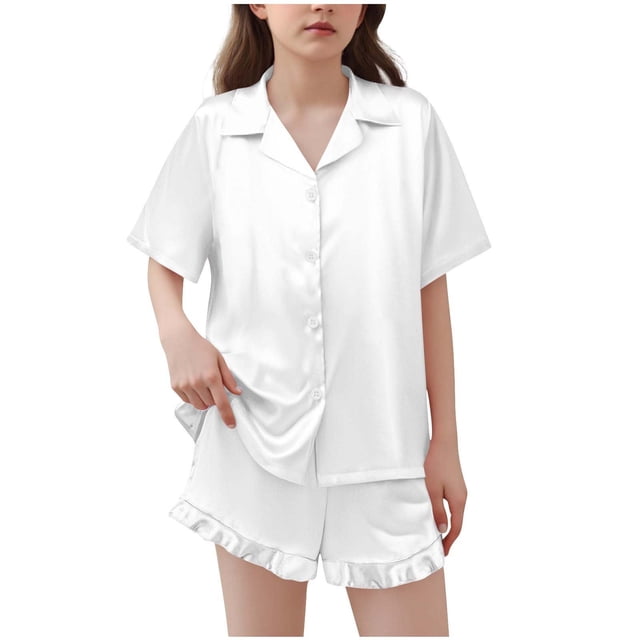 BLVB Girls Pajamas Satin Pajama Set Silk Pjs Short Sleeve Button down Shirts Summer Ruffle Sleepwear for Big Kids 5-15Y
