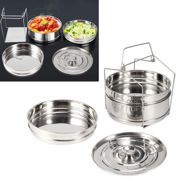 Sonew Stackable 3 Tier Stainless Steel Steamer Cooker Pot Set with three stackable pans, a secure stainless steel lid, and a folding handle. Made of food-grade stainless steel, it is suitable for steaming rice, vegetables, meat, fish, or soup. The image displays the disassembled components, including the pans, lid, and handle, with some pans containing food like vegetables and curry. Designed for use in pressure cookers or as a standalone steamer.
