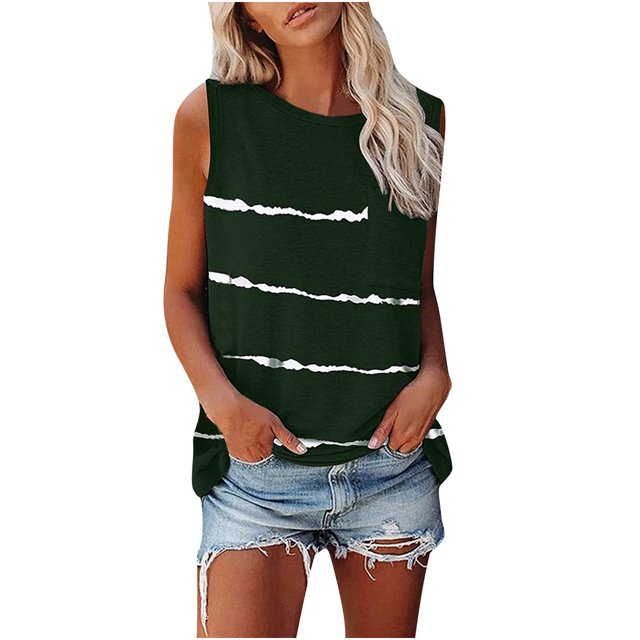 Fridja Hauts Décontractés Sans Manches à Col Rond Imprimés pour Femmes avec Poches T-shirt Blouse