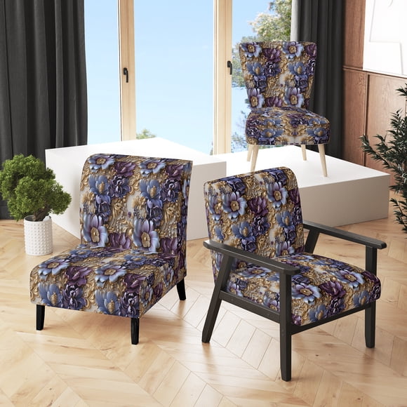 Designart "Majestic Gilded Royalty" Purple Floral Upholstered Accent Chair - Cottage Arm Chair For Bedroom