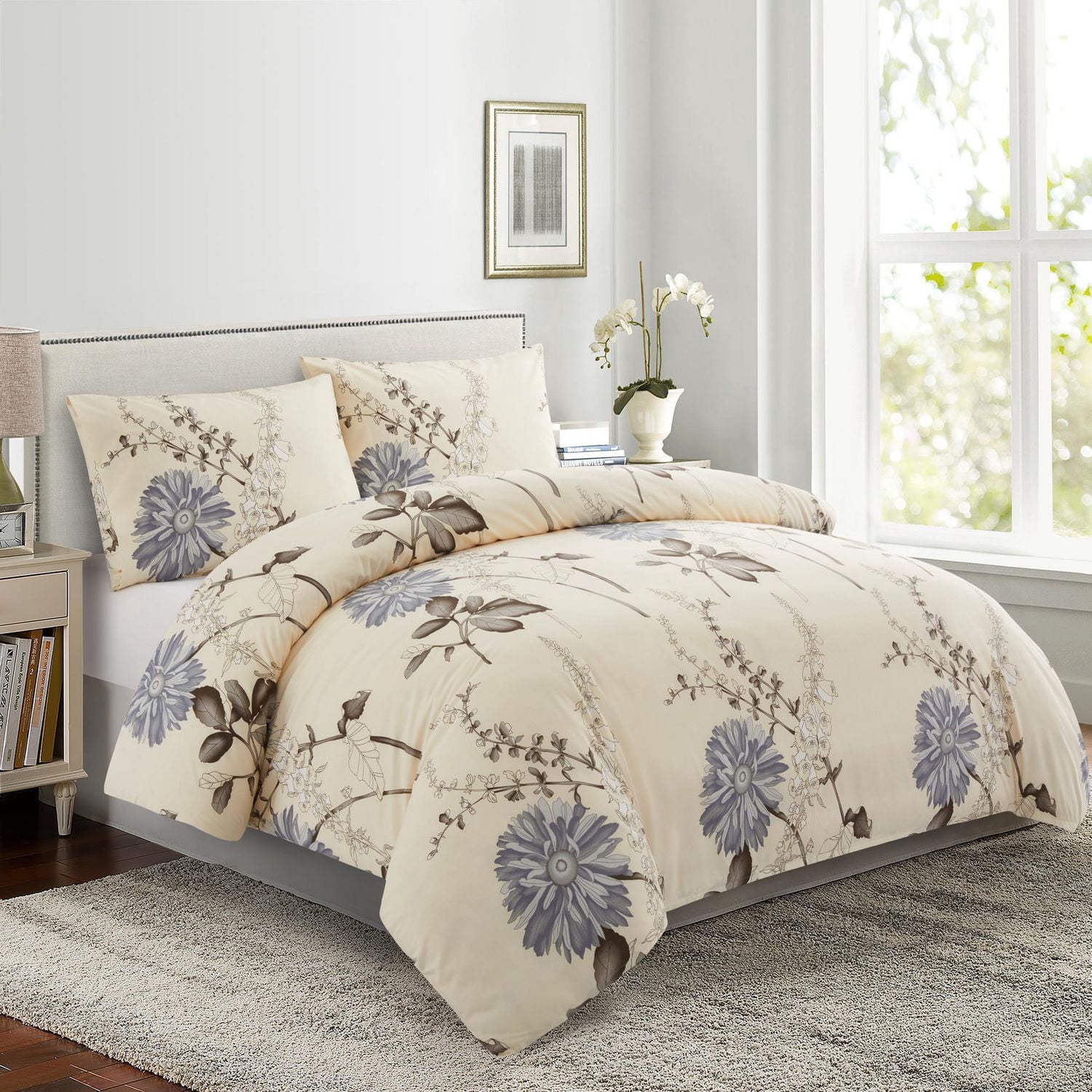 Marina Decoration Soft Silky Rich Printed Rayon from Bamboo All Season Duvet Cover Fitted Sheet Ensemble Bedding Set with Zipper and Corner Tie, Blue Chrysanthemum Floral Pattern
