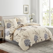 Marina Decoration Soft Silky Rich Printed Rayon from Bamboo All Season Duvet Cover Fitted Sheet Ensemble Bedding Set with Zipper and Corner Tie, Blue Chrysanthemum Floral Pattern