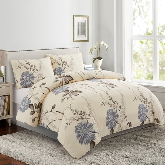 Marina Decoration Ultra Soft Silky Zipper Rich Printed Rayon from Bamboo All Season Duvet Cover Set with Pillowcases, Blue Chrysanthemum Floral Pattern