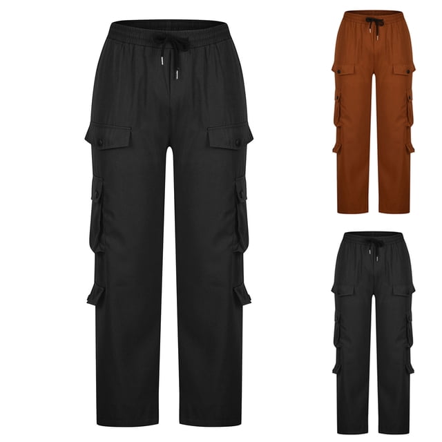 Styesk Men's Pants Men Solid Casual Multiple Pockets Outdoor Straight Type Pants Cargo Pants Trousers