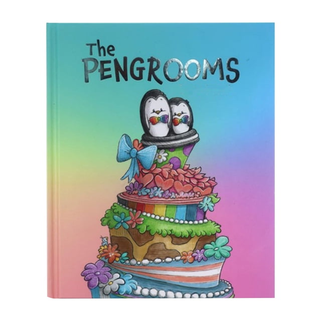Limit Time Discount! The Pengrooms: Two Broad-Minded Penguin Love Story hardcover storybook featuring a colourful illustration of two penguins atop a multi-tiered, vibrant cake on the cover. The book measures 7 x 9 inches, includes colour illustrations, and is suitable for readers aged 3 to 99. Designed in English, it is a delightful fairy tale colouring and storybook, ideal for baby gifting or memory keepsakes.