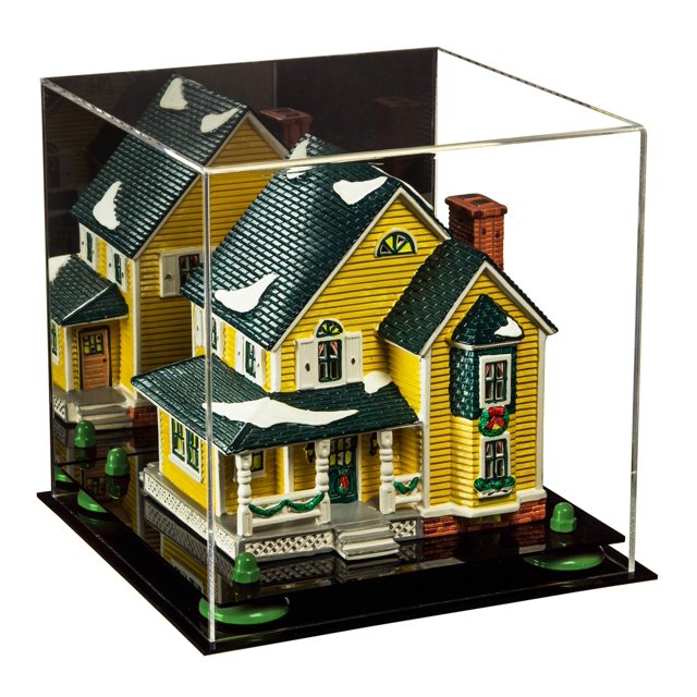 Better Display Cases Versatile Acrylic Display Case - Medium Square Box with Mirror, Green Risers and Black Base 9.75" x 9.75" x 9.75" (V02)