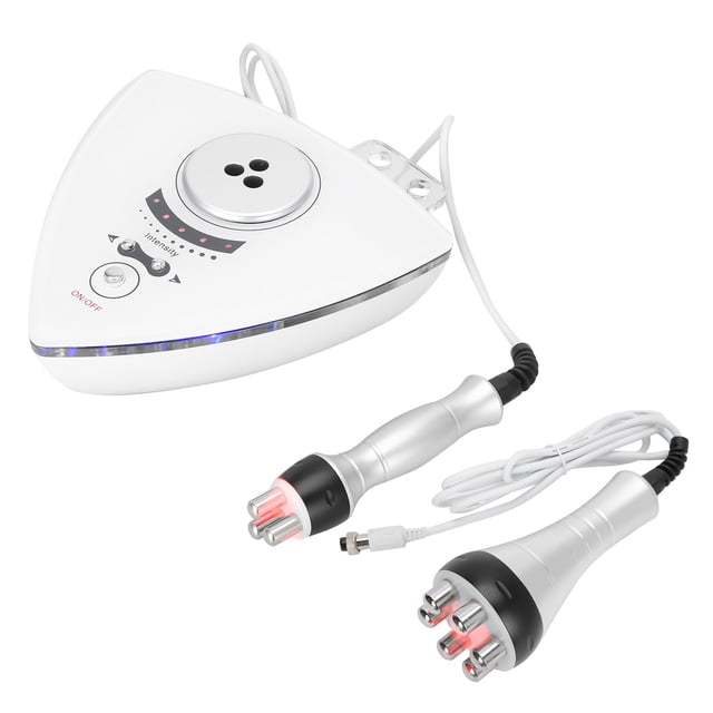 Rejuvenation 2-In-1 RF Face Machine Sextupole Tripolar Face Body Care Skin Rejuvenation Instrument featuring a triangular white ABS host with control buttons and LED indicators, accompanied by a sextupole RF head and a tripolar RF head with attached cables. Designed for skin tightening and rejuvenation using RF radiofrequency waves, suitable for both face and body care. Includes a manual, adapter, and cable.