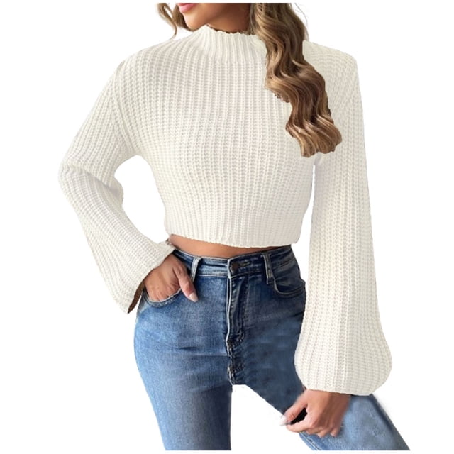 Yuyuzo Chandail Court pour Femmes Col Haut Manches Longues Tricot Doux