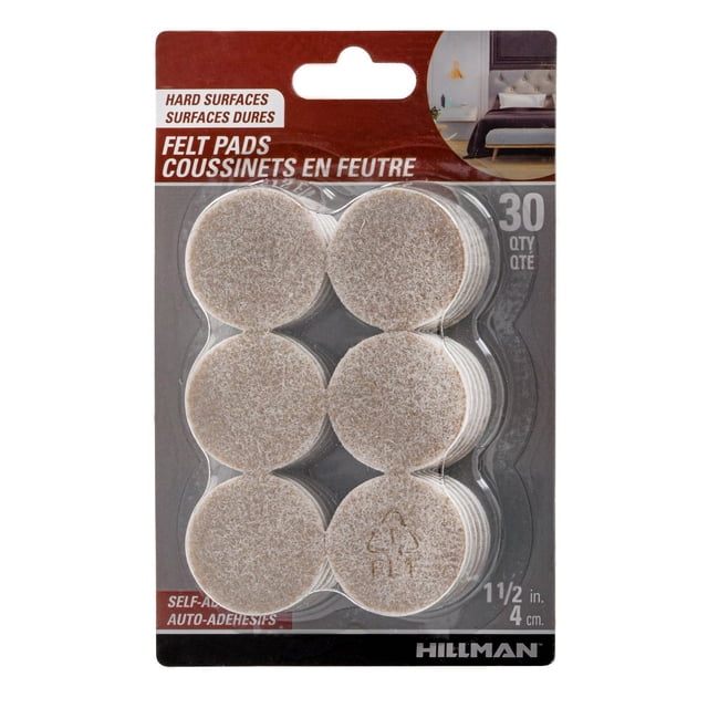 Feutre 1-1/2 RND OAT30P Tampons Ronds en Feutre Auto-Adhésifs Couleur Avoine, 30 Pcs, 1,5 Po (4 cm) de Diamètre, Conçus pour les Accessoires de Meubles afin de Protéger les Planchers de Bois Franc, de Carreaux et de Linoléum contre les Égratignures et le Bruit, avec application Facile à Peler et à Coller par Hillman.