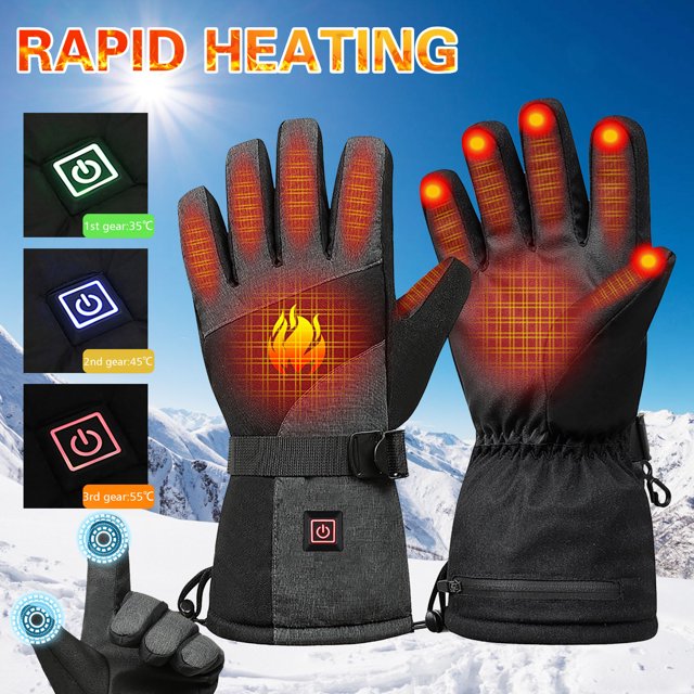 Gants Chauffants à Batterie pour Hommes et Femmes Conçus pour une Utilisation Extérieure et Intérieure, Dotés d'Une Grande Zone de Chauffage sur la Paume et le Dos des Mains. les Gants Sont Illustrés en Noir avec des Sangles Ajustables et des Indicateurs de Chauffage Affichant Trois Niveaux de Température : 35 °C, 45 °C et 55 °C. l'Image Met en Valeur les zones de Chauffage avec des zones Rouges Lumineuses et Comprend un Fond de Montagne Enneigée, Soulignant Leur Adaptabilité aux Activités Hivernales comme la Randonnée, le Vélo et le Ski. Comprend une Paire de Gants