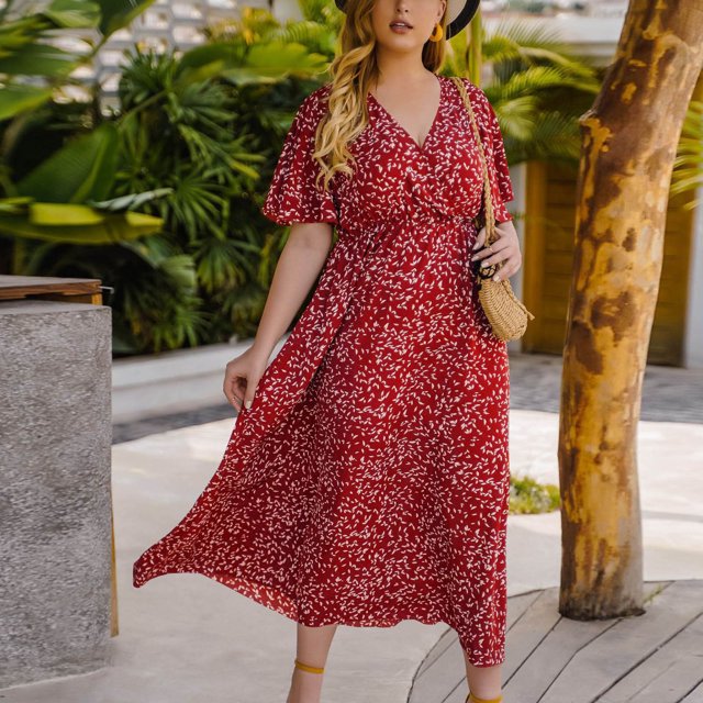 LSLJS Robe Décontractée Aguichant Mode Été Col en V Manches Courtes Ample Imprimée Grande Taille