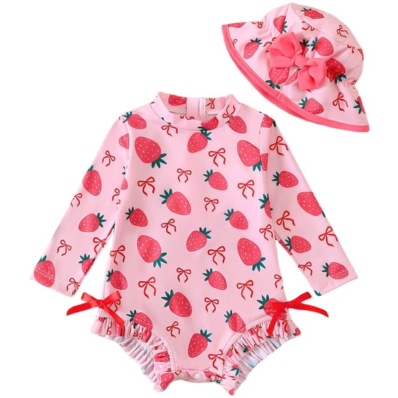 sertiohcv Maillot de Bain pour Tout-Petites Filles Maillot de Bain pour Bébés Filles Cordon de Serrage Fermeture Éclair Maillot de Bain Manches Longues Maillot Dermoprotecteur Tenue de Bain avec Chapeau pour Bébé Fille Rose Vif Taille pour 18-24 Mois