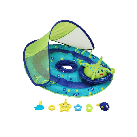 SwimWays Bouée de Piscine Printanière Gonflable pour Bébé de 9 à 24 Mois, Centre d'Activités avec Auvent Solaire UPF 50 Ajustable et Jouets, Bleu/vert, Pieuvre