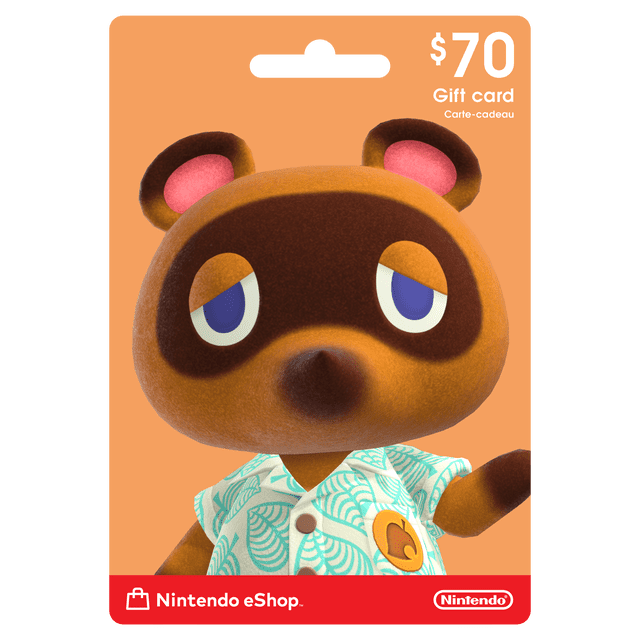 Nintendo eCash $70 gift card featuring a front-facing close-up of Tom Nook, the brown raccoon character from Animal Crossing, wearing a teal leaf-patterned shirt with a yellow leaf badge, set against an orange background with Nintendo eShop and Nintendo logos.