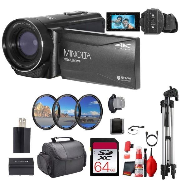 MINOLTA MN4K300WP 4K Ultra HD / 56 MP Waterproof Video Camcorder (Black) Bundle With 64GB Memory Card + Camera Tripod + More Accessories