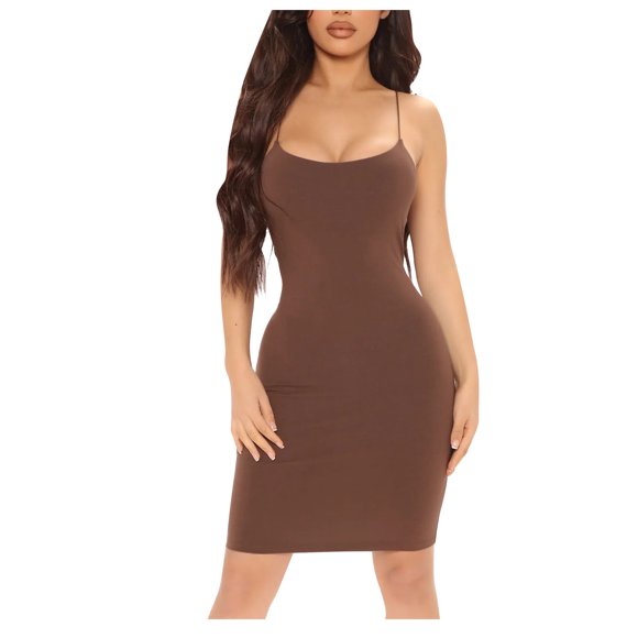 Womens Summer Dresses Sleeveless Solid Color Casual Plain Neck Summer Dress Fashion Slim Fit Cocktail Elegant Hip Dress Club Spaghetti Strap Sheath Backless Sheath Dress(Coffee,L)