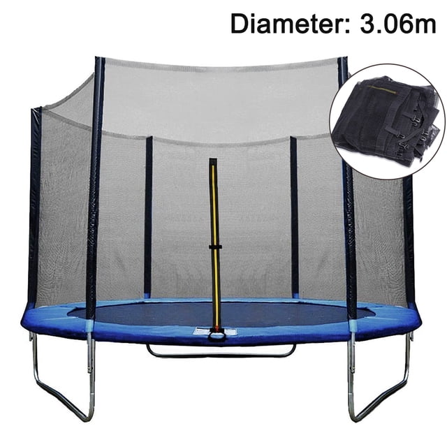 Trampoline Enclosure Safety Mesh Net Replacement Screen Netting, designed for 8 poles and compatible with 10ft round frame trampolines. Made of durable PE and PVC material, UV-resistant and waterproof, with a black safety net and sleeve. Features a high-density mesh for added durability and safety, preventing children from jumping outside the trampoline. Includes a zipper for secure entry and exit. Ideal for trampoline enclosure net replacement. Diameter: 3.06m.