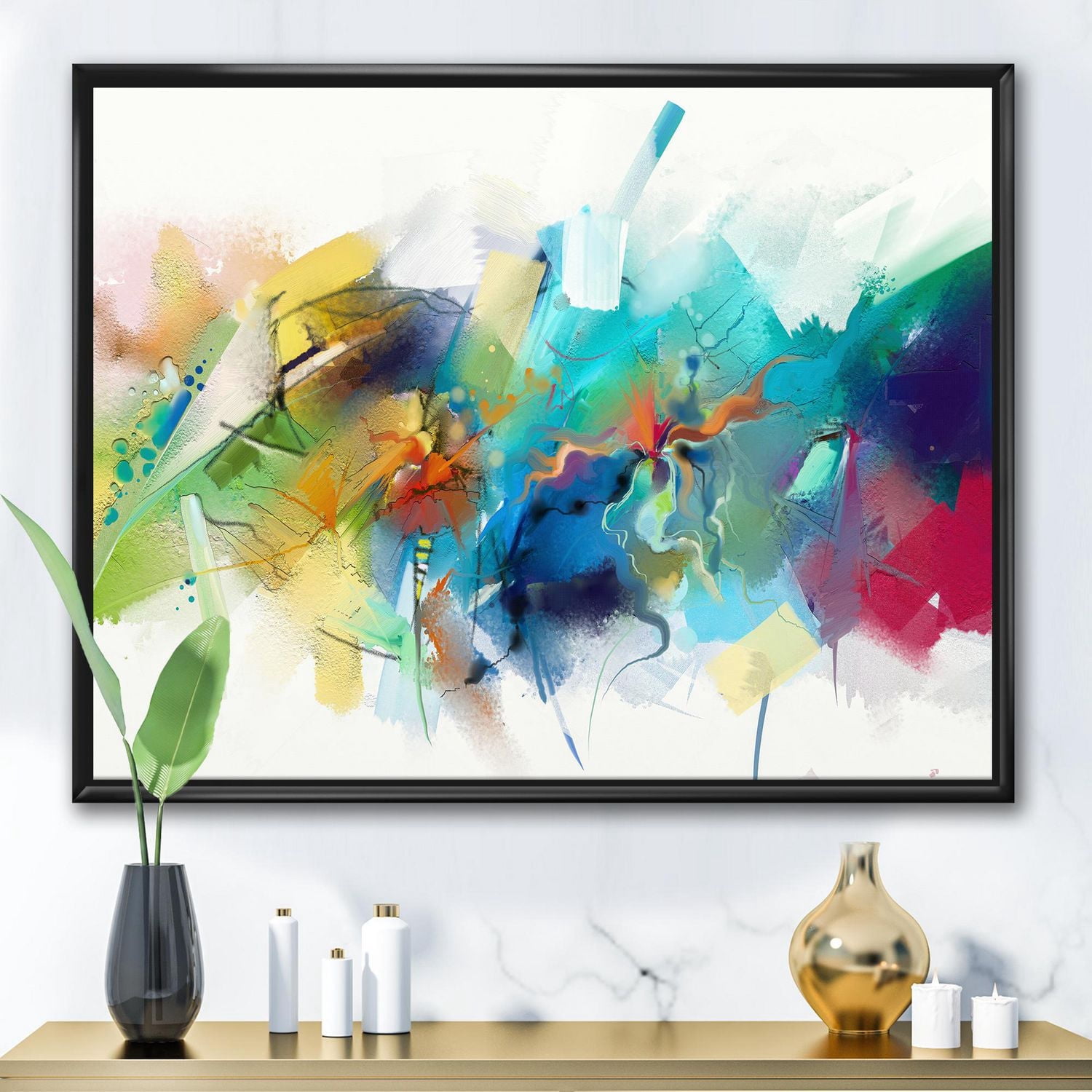 Designart Turquoise Story With Touches Of Yellow And Red FLOAT FRAME WALL ART