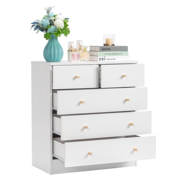 UBesGoo 5 Drawer Wood Dresser for Bedroom, Chest of Drawers, Storage Organization Unit for Clothing, White