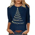 thumbnail image 1 of Hauts de Printemps pour Femmes Col Rond Imprimé de Noël Manches Trois-Quarts T-Shirts Surdimensionnés pour Femmes Bleu Foncé m, 1 of 3