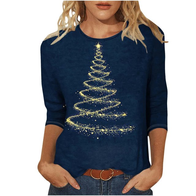 Hauts de Printemps pour Femmes Col Rond Imprimé de Noël Manches Trois-Quarts T-Shirts Surdimensionnés pour Femmes Bleu Foncé m
