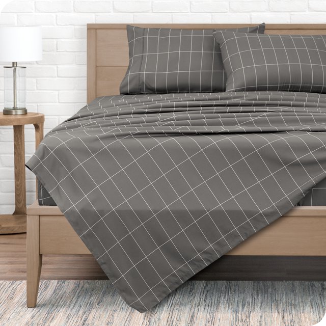 Bare Home Ultra-Soft Sheet Set - Premium 1800 Collection - Deep Pockets - 5-Pieces - Split King, Grid - Gray/White