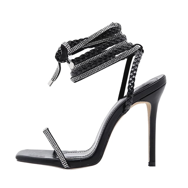 Sandales à Talons Hauts à Brides Enroulées pour Femmes, Sandales à Strass