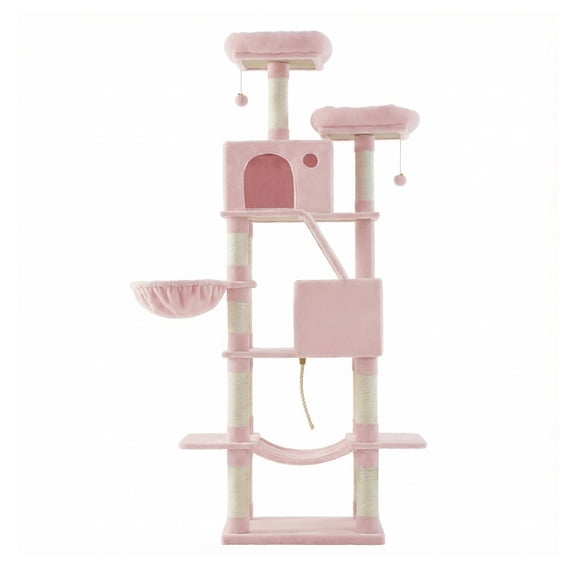 Grand Arbre à Chat avec 13 Poteaux à Griffer, 2 Perchoirs, Hamac, pour Chats d'Intérieur, Rose