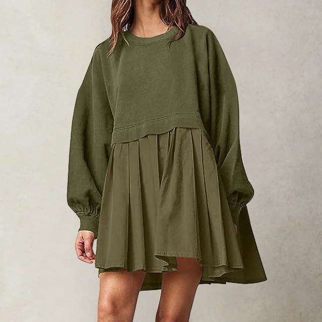 EGNMCR Robes de Fête pour Femmes Mode Chandail Décontracté Surdimensionné pour Femmes Robe à Manches Longues Col Rond Mini-Robes Patchwork pour Dames
