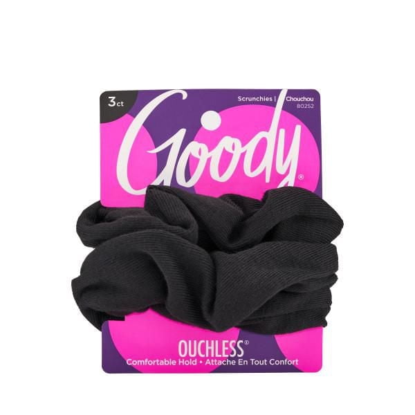 Goody Chouchou Emboîtable Noir - 3 Unités avec Trois Chouchous Noirs Ouchless® en Tissu Côtelé Doux sur une Carte de Marque Violette et Rose, Offrant une Prise Douce, Sans Plis et un Confort Toute la Journée pour Tous les types de Cheveux, Idéal pour les Queues de Cheval, Chignons Ou Nœuds Supérieurs.