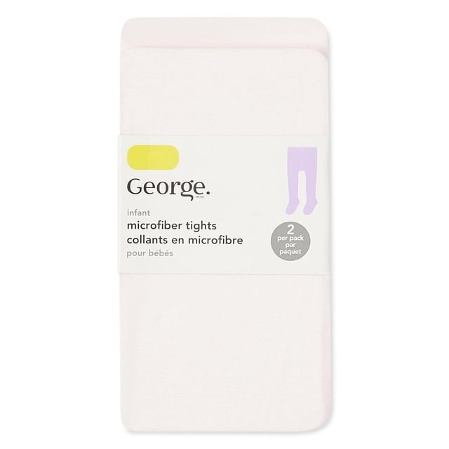 George Baby Girls' Tights 2-Pack in soft pink microfiber knit fabric with elasticized waistband and stretch fit for infants, shown folded with packaging indicating two pairs per pack, suitable for layering under dresses or skirts.