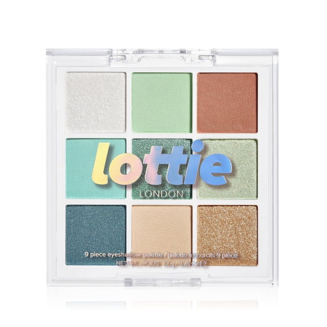 Lottie London - Palette de Fards à Paupières 9 Pcs (7,2 g) Comprenant Neuf Teintes Mates, Scintillantes et Métalliques dans un Étui compact Clair, Incluant des Tons Blanc, Vert, Cuivre, Sarcelle, Vert Foncé, Vert Pâle, Marine, beige et Or, Idéale pour un Maquillage Polyvalent des Yeux et pour les Voyages.