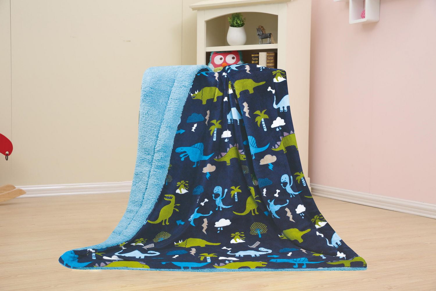 Couverture réversible en flanelle polaire Sherpa pour enfants, motif dinosaures vert et bleu marine, 76 x 101 cm, motif tissé, riche et imprimé, motif moelleux et chaud