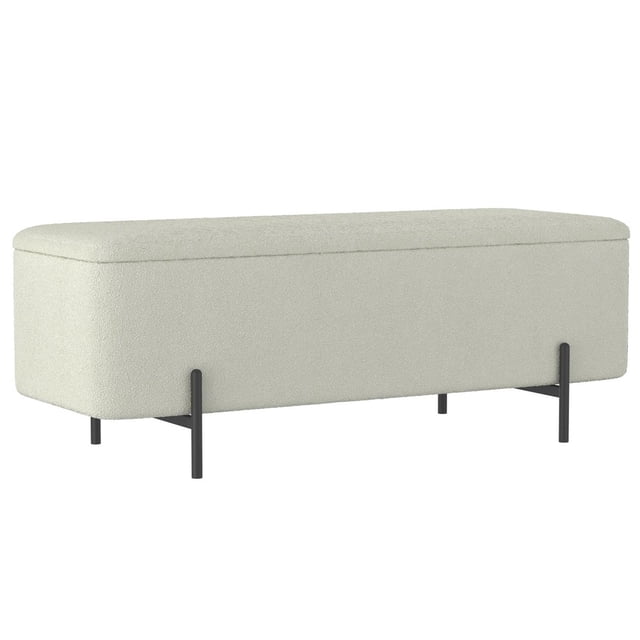 Modern Fabric & Metal Storage Ottoman Bench - White & Black with rectangular shape, textured white fabric upholstery, and black metal legs, featuring spacious storage and firm polyester foam cushion, suitable for extra seating or storing household items.