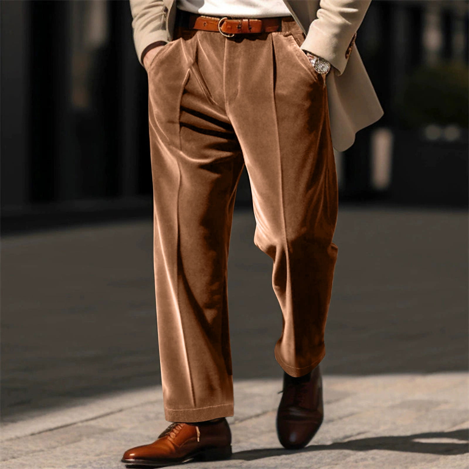 dress pants for winter mens NTACZA Business Velvet Brown Pants Straight Leg Pleated Trouser Men Casual XL full black co ord set SAYFUT Women's Ultra Firm The pleats provide subtle Color:Paradise Blue