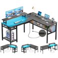 thumbnail image 1 of Unikito Bureau d'Ordinateur en L avec Prises de Courant Magiques et Lumière DEL Intelligente, Bureau d'Angle Réversible de 55 Pouces avec Support pour Moniteur, Design à Grille Unique, Table de Jeu avec Rangement, Chêne Noir, 1 of 4