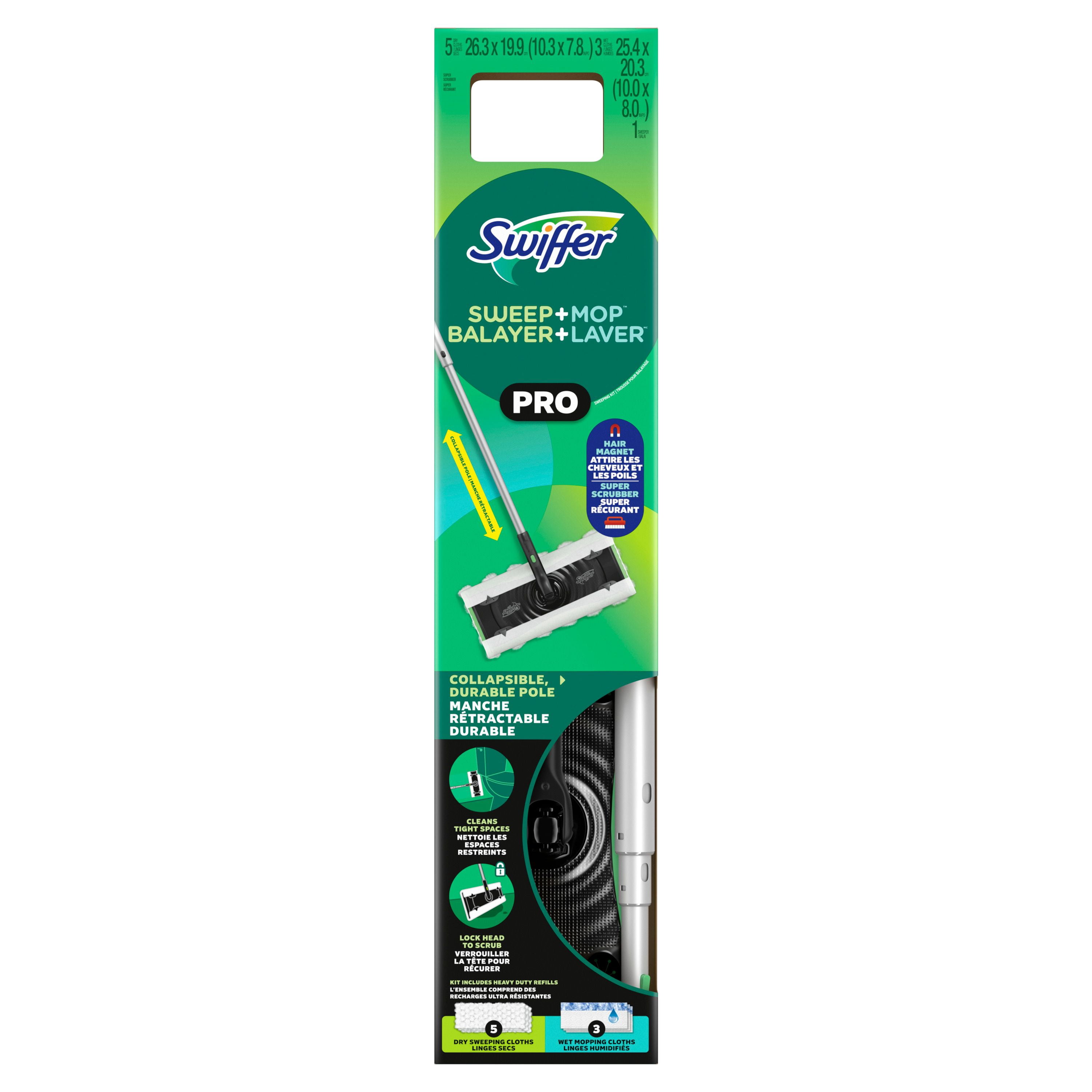 Swiffer Balayer et laver Pro, trousse pour balayage et lavage 2 en 1 pour les planchers, 1 balai sèches humidifiées