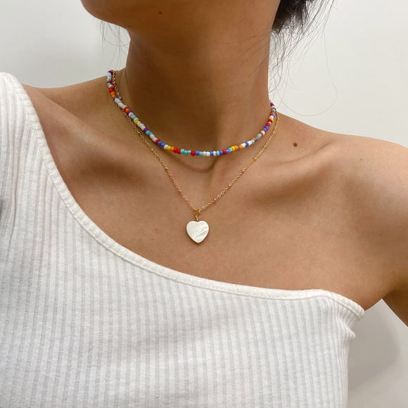 Ladies Beaded Necklace Multilayer Pearl Necklace Colorful Beaded Necklace Boho Gold Chain Necklace Beach Jewelry