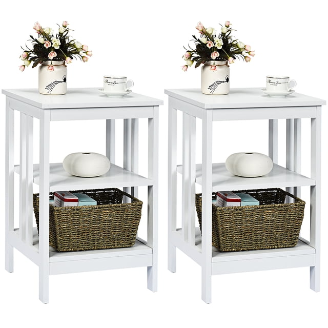 Patiojoy 2 Pcs Table d'Appoint à 3 Niveaux Table de Chevet Bout de Canapé Étagère de Rangement et d'Exposition Blanc