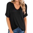 thumbnail image 1 of Women Waffle V Neck Rolled Short Sleeve Plain Knitwear Top, 1 of 3