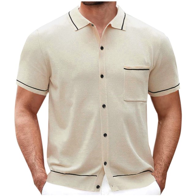 Birdeem Chemises pour Hommes Chemise à Manches Courtes Boutonnée Tricotée Col Rabattu Veste Fine