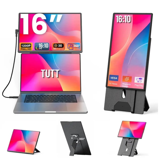 TUTT Prolongateur d'Écran d'Ordinateur portable de 16 Pouces avec un Format d'Image 16:10, Doté d'Un Écran IPS Full HD 1920x1200. Comprend un Support Magnétique Rotatif à 360 Degrés, une Connectivité USB-C et HDMI, un Haut-Parleur Intégré, une Recharge Inversée et une Compatibilité VESA. Offert en Plusieurs positions, Y Compris les modes Paysage et portrait, avec des Visuels Vibrants Affichés à l'Écran. Idéal comme Moniteur portable pour le Multitâche, une Configuration plug-and-play