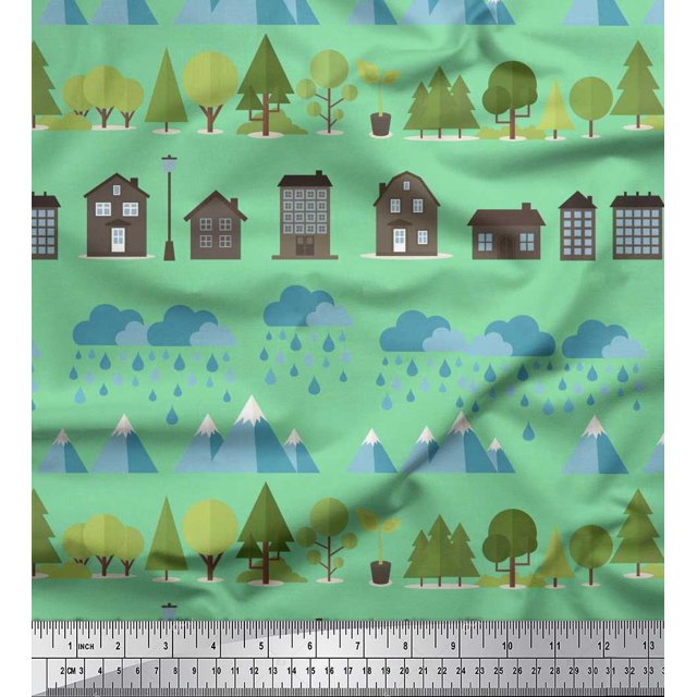 Soimoi Modal Satin Fabric Tree,House & Raindrop Nature Print Fabric by Yard 42 Inch Wide