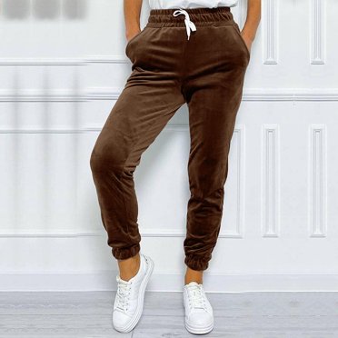 Jsaierl Womens Drawstring Velvet Trousers Casual High Waist Joggers Pants Loose Straight Leg Long Pants Comzy Hiking Athletic Legging with Pockets