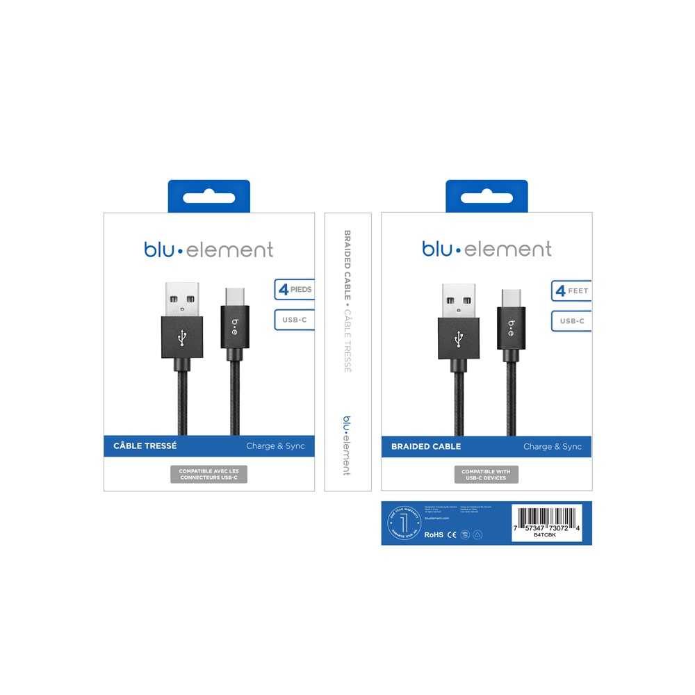 Blu Element Câble Tressé de Charge/Sync USB-C vers USB-A 4ft Noir