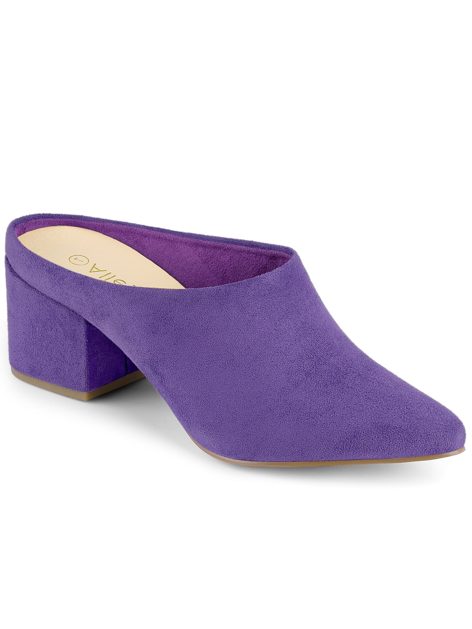 BLISSFUL STEP Women's Slides Block High Heels Slip on Pointed Toe Slide Mules Purple 7