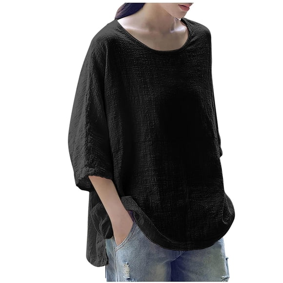 Plus Size Tops for Women Cotton Linen Casual Solid Color Crewneck Tshirts Three Quarter Length Sleeve Loose Comfy Tee Tops