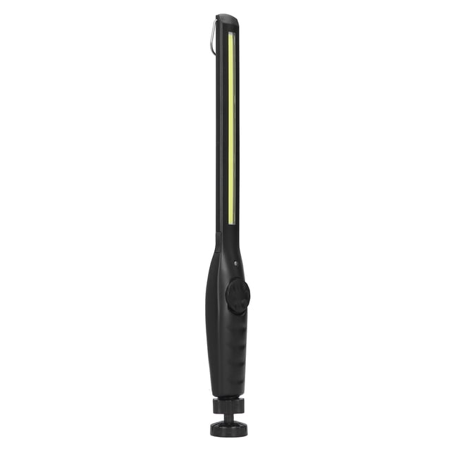 Lighting Flashlight, COB LED Work Light with a slim black design and an 8W highlight COB LED strip. Rechargeable lithium battery with 1500mAh capacity, providing brightness of 400-700 lumens and a runtime of 2.5-24 hours. Ideal for cars, trucks, boats, camping, and emergency roadside maintenance. Approximate dimensions: 37.5cm x 3.5cm x 2.6cm. A versatile rechargeable work light for various environments.