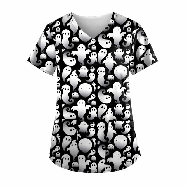 EGNMCR Hauts de Sarrau d'Infirmière pour Femmes, Imprimé d'Halloween, Uniforme de Travail à Manches Courtes, Col en V, Blouse T-shirt de Tenue de Travail avec Poches, Costumes d'Halloween